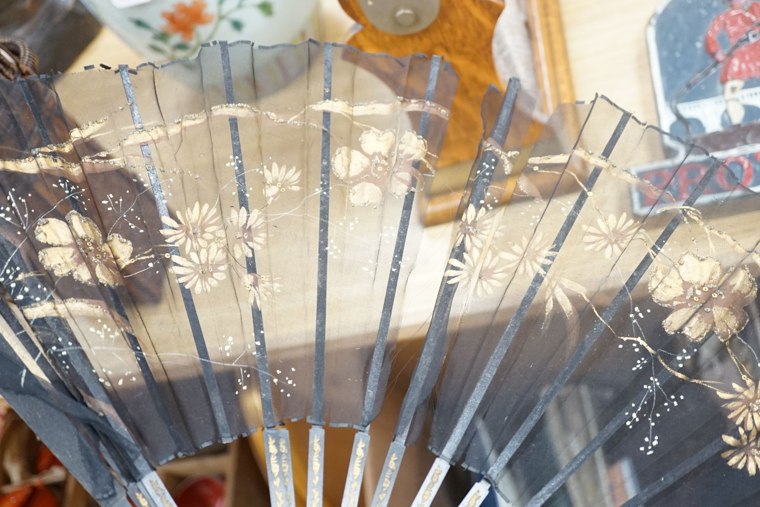 A quantity of lace makers items, Victorian parasols, 7 other fans, a fan frame, a 900 silver bag mount, a silver mother of pearl page turner, and other items